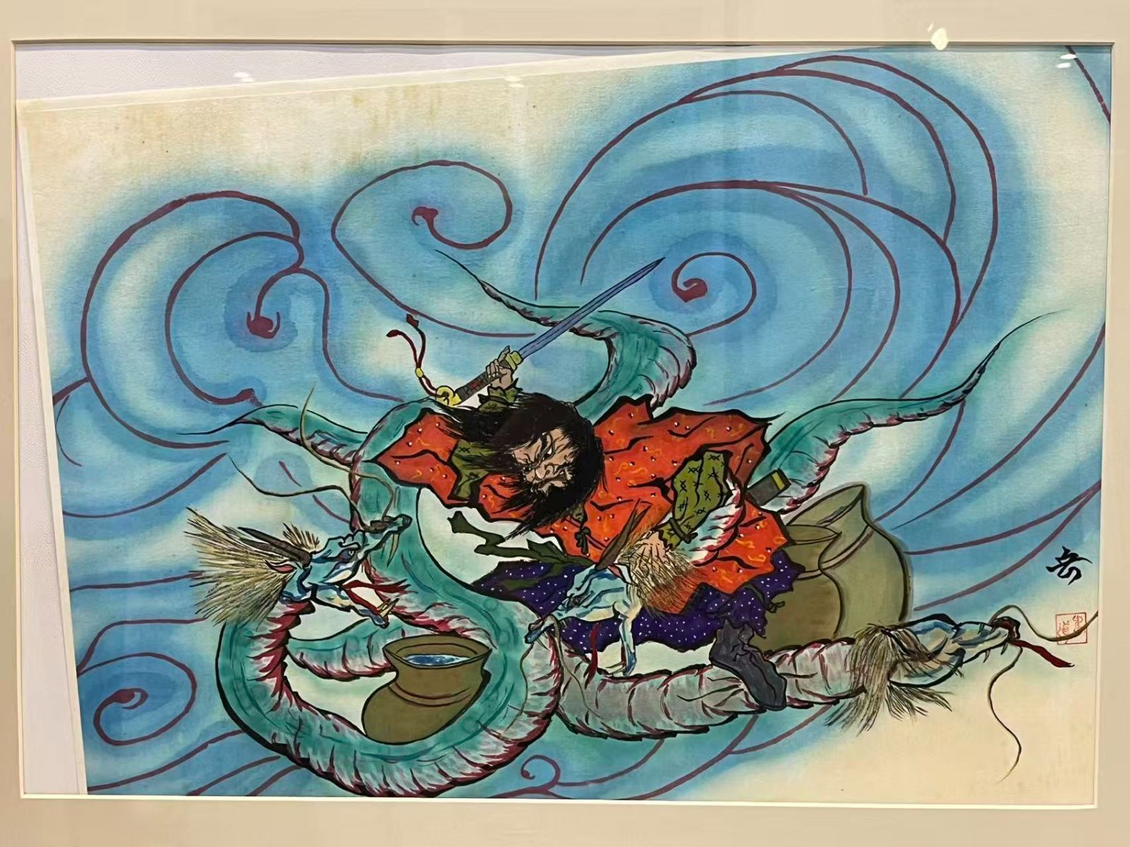鍾馗 龍騎 風巻 額装 日本画風 妖怪絵 神話美術 本紙サイズ約44×62cm