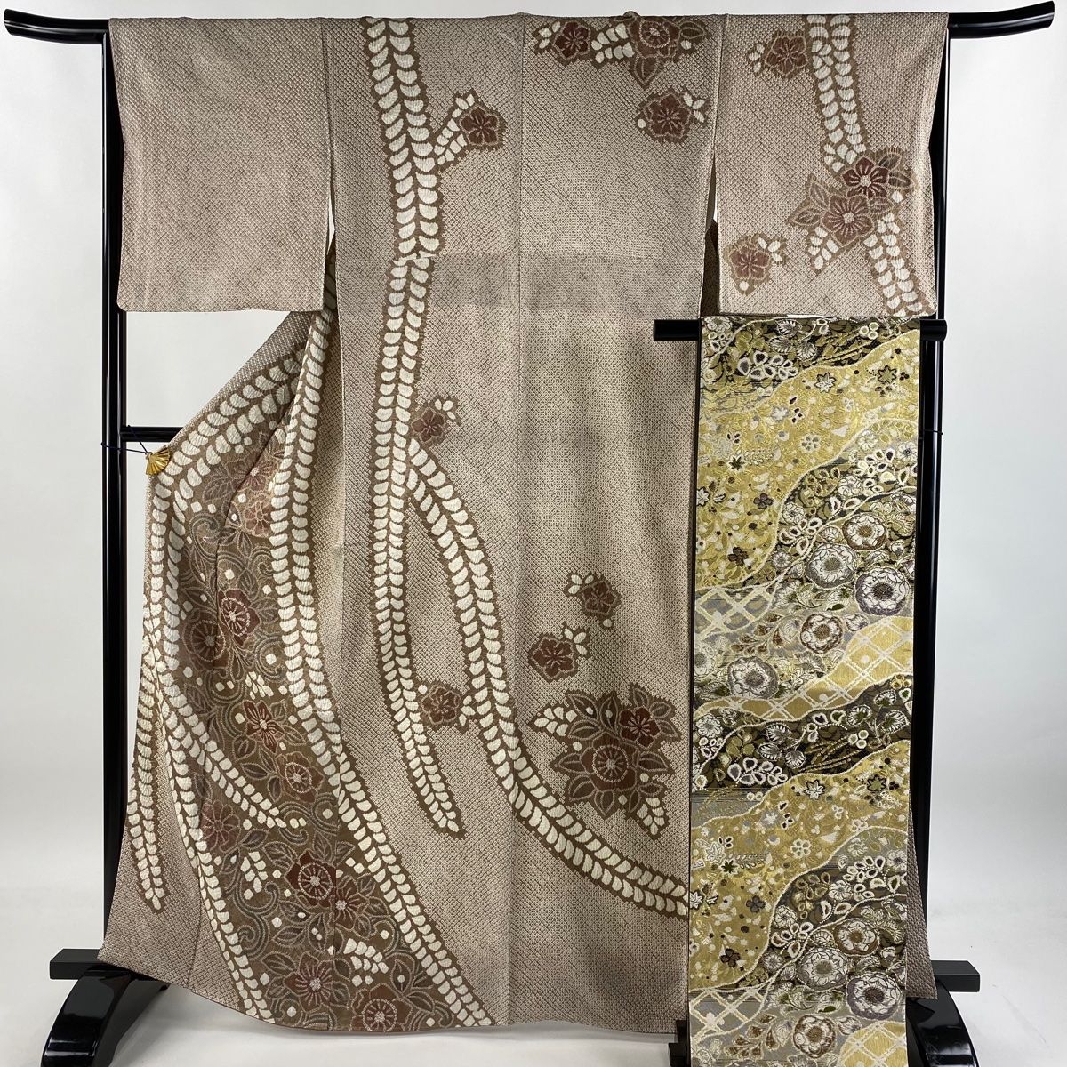訪問着 身丈165cm 裄丈65.5cm M 袷 袋帯セット 花唐草 葉柄 絞り 薄茶色 正絹 秀品