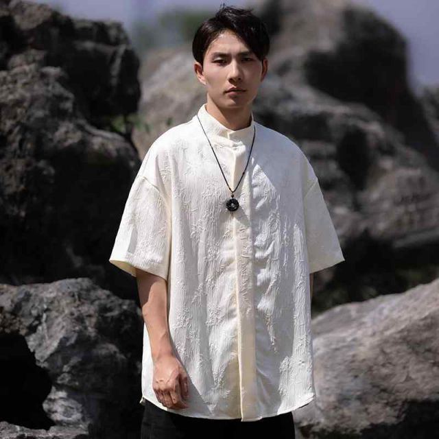 メンズ ファッション 服 男性用 オシャレ シンプル 大人 かっこいい 大きいサイズ ストリート 紳士服 夏 トップス スタンドカラー 半袖 シャツ チュニック スーツ 唐 スーツ ジャカード シャツ