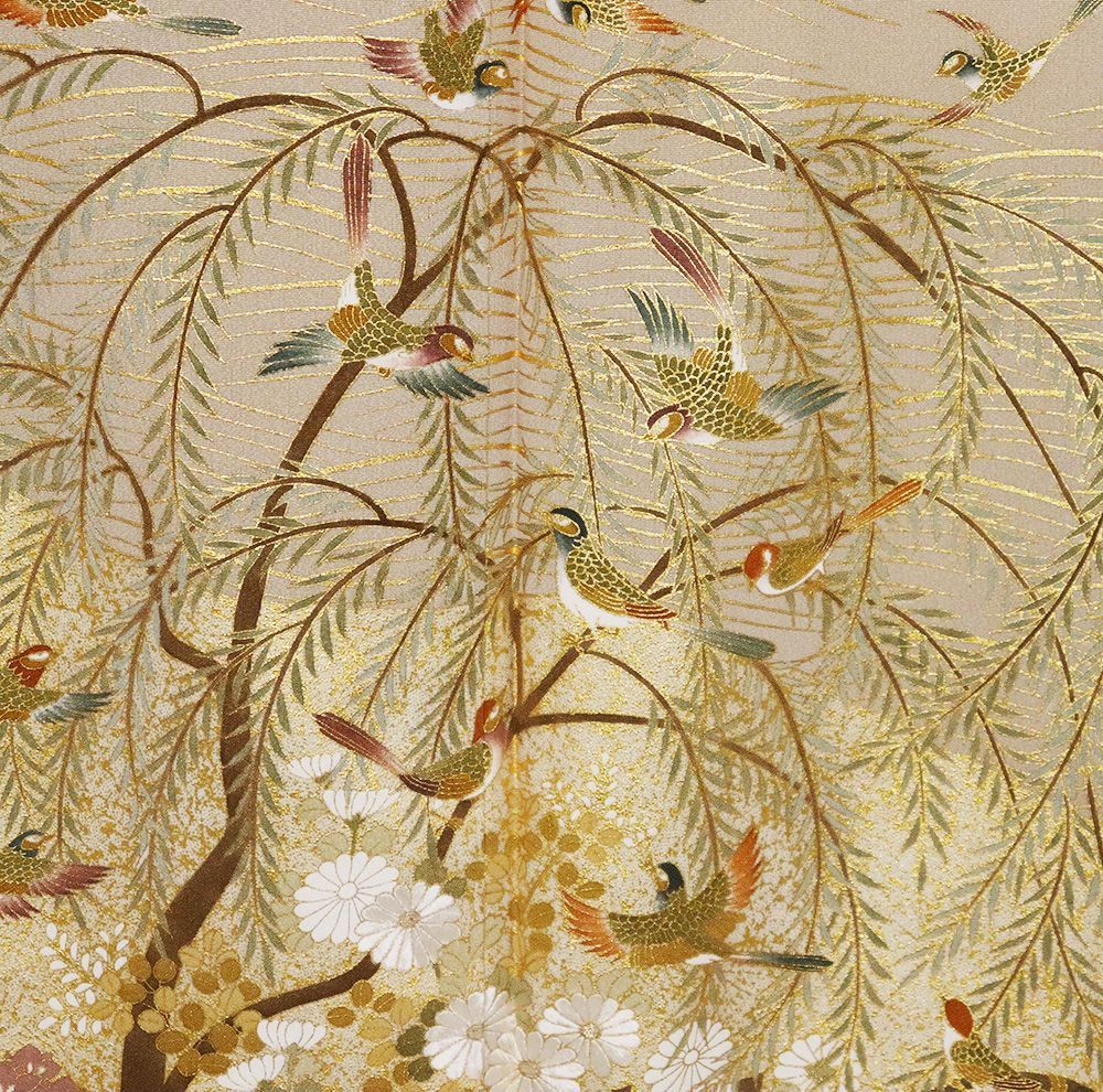 松尾光琳氏作 色留袖 袷 正絹 ベージュ 柳鳥図 Sサイズ ki30868 美品 レディース シルク ギフト フォーマル 30代 40代 50代 送料込み