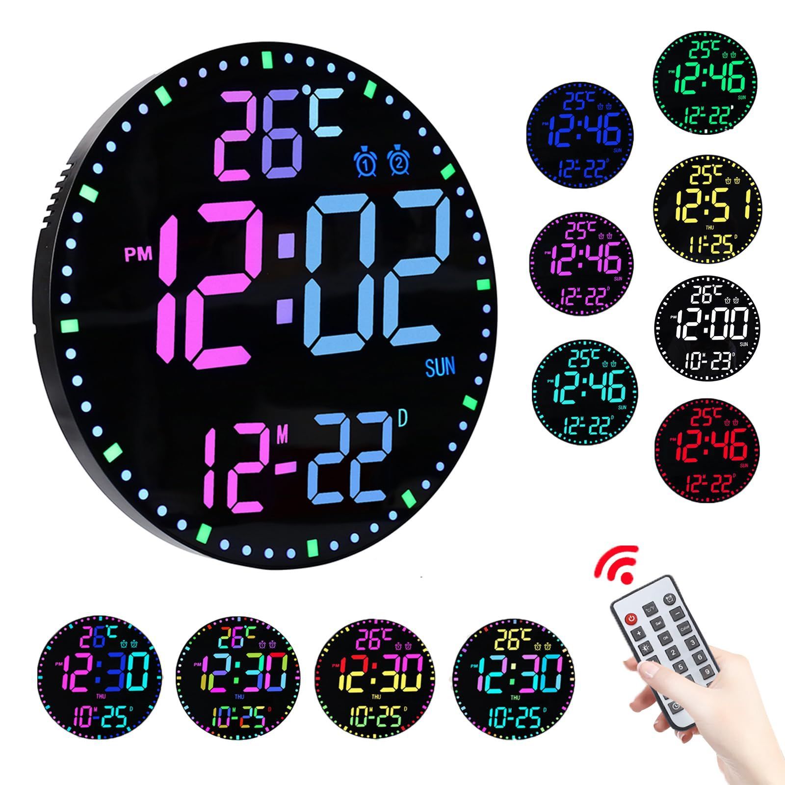 【数量限定】直径30cm 12色切り替え可能 LEDデジタル目覚まし時計リモートコントロール 多機能RGB夜の光時計デスクアラームクロック寝室用 付き 掛け時計 明るさ調整可能/夜間ライト/正転・