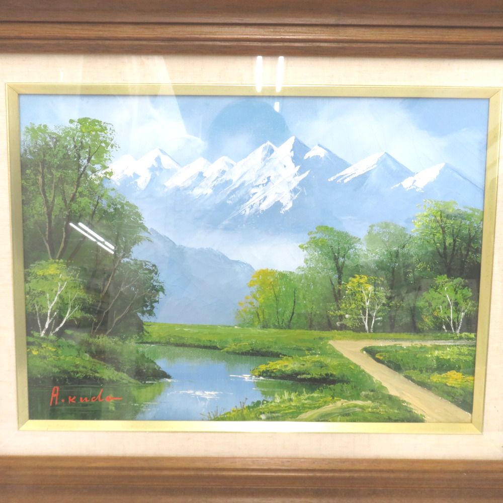 絵画　油絵　元晴　骨董品　古物　美術品　インテリア　アンティーク 明治油彩 【海辺】絹本軸装 Z240｜骨董店 のびる 古美術 骨董