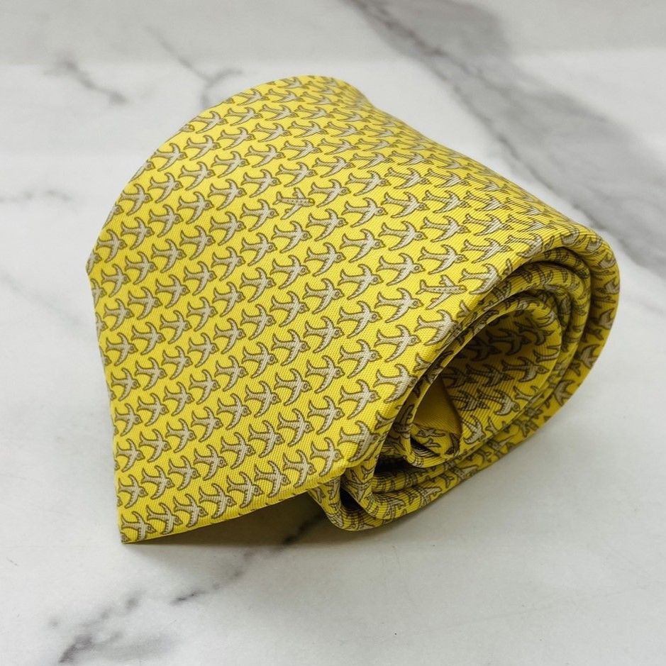 美品 HERMES エルメス ネクタイ バード 鳥 イエロー系 クリーニング  