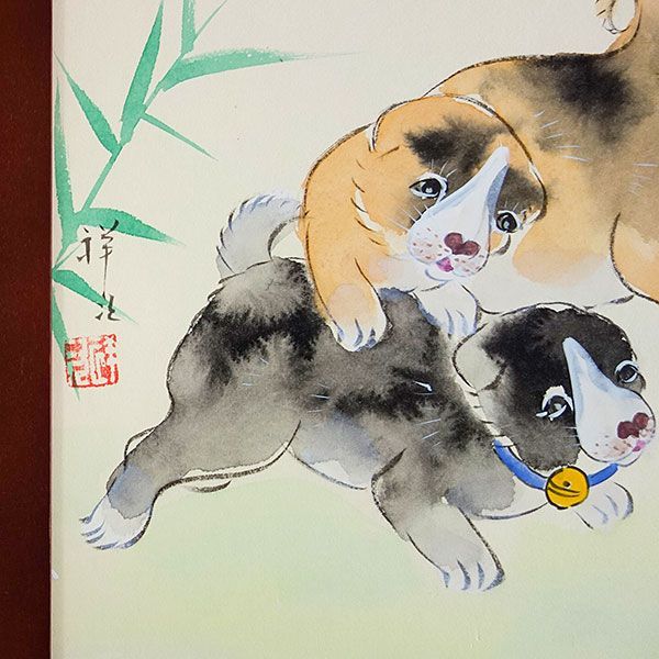 【真作】絵画　日本画（色紙）　犬張子　雅やかな郷土玩具の美　共シール　V153 真作】絵画 日本画（色紙） 犬張子 雅やかな郷土玩具の美 共