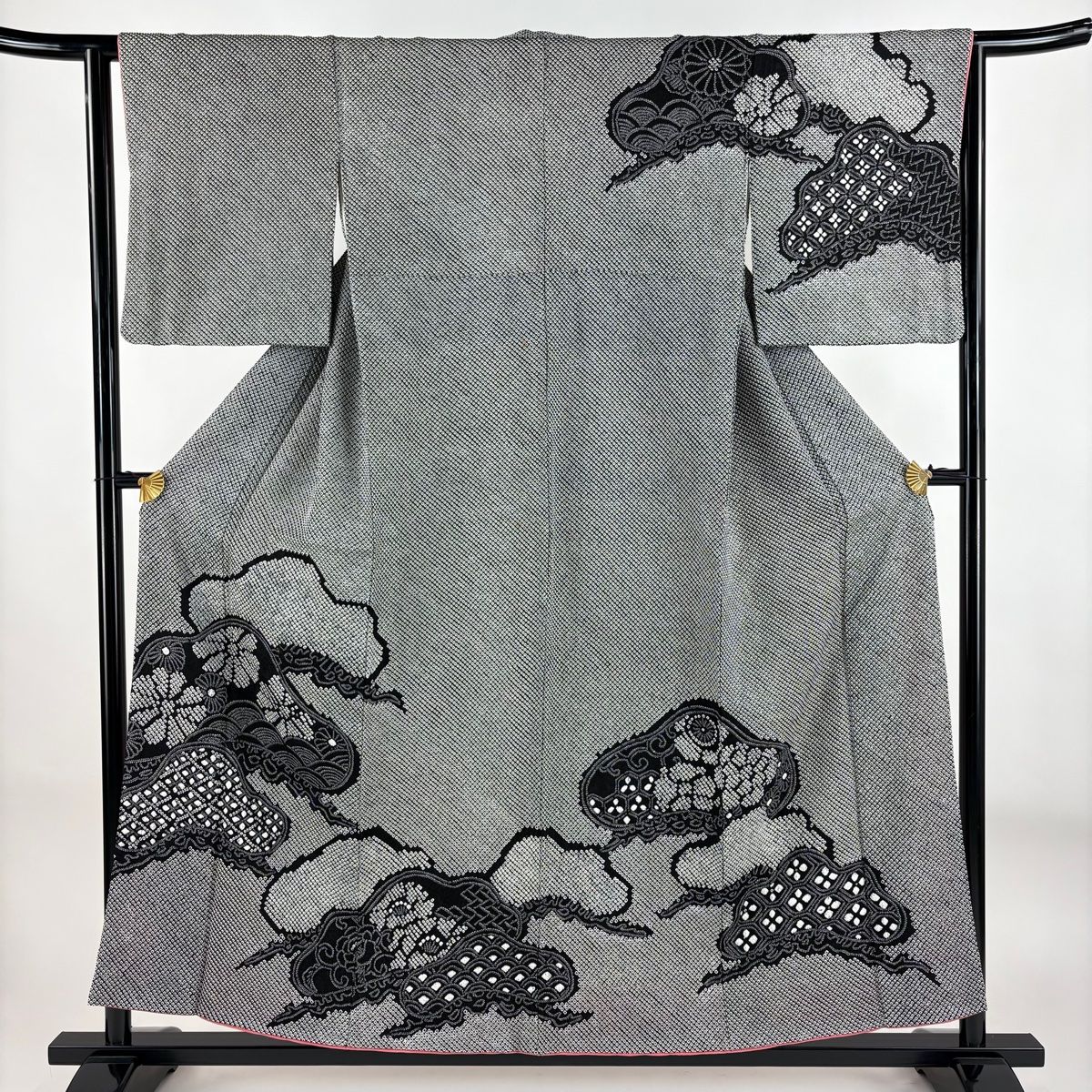 訪問着 身丈155.5cm 裄丈63cm S 袷 笠松 菊 総絞り 黒 正絹 秀品