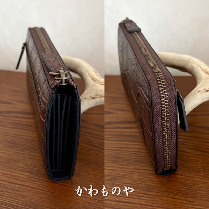 ハンドメイド 本革 クロコダイル（ワニ革）Ｌ字ファスナー長財布 ロングウォレット ブラウン 茶色 財布 クロコダイル 本革 長財布 Box Bandana 使い