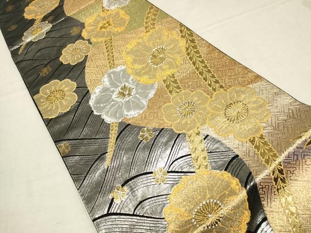 平和屋着物▽振袖用六通柄袋帯 立波花文 黒地 金銀糸 正絹 逸品
