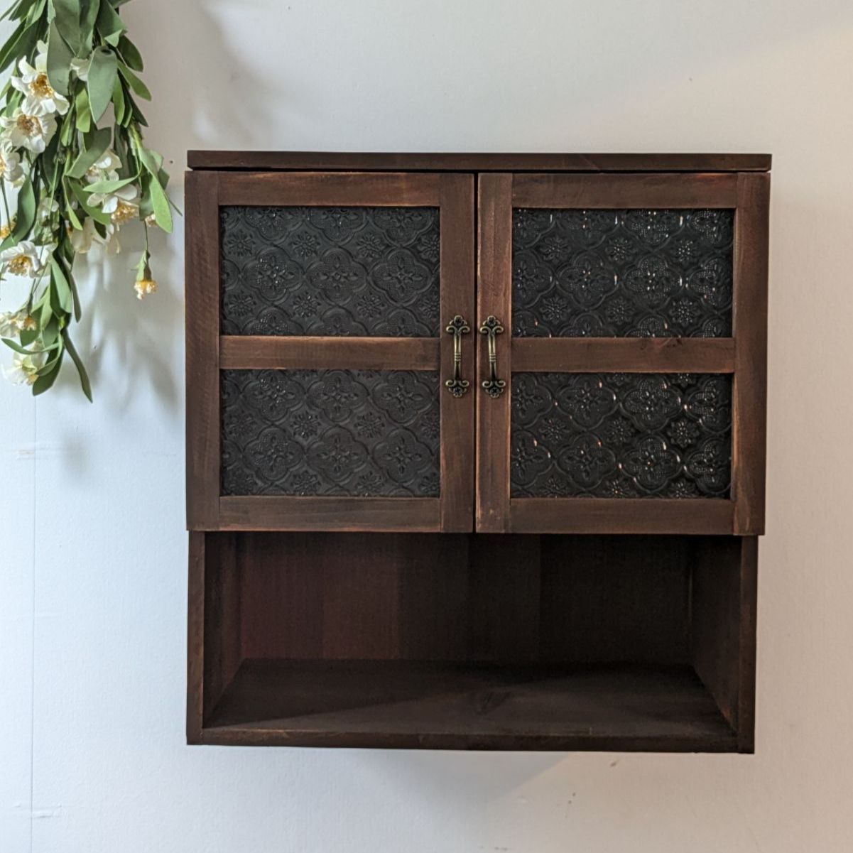 レトロ花柄ガラス】木製小棚 ラック