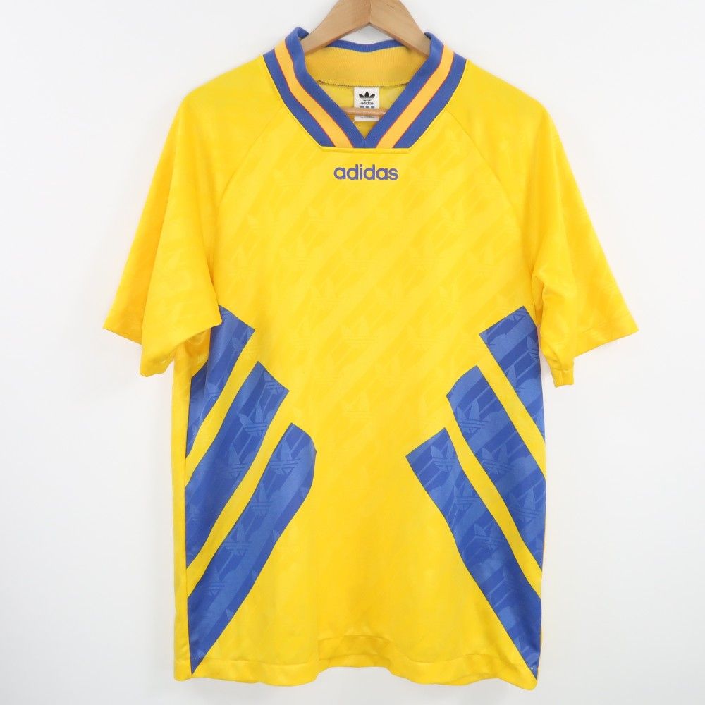 美品 adidas アディダス 3 STRIPES トレフォイルロゴ デサント製 スウェーデン代表 90s 半袖レプリカユニフォーム XO ポリエステル他 ゲームシャツ フットボール ヴィンテージ メンズ HU1234A42