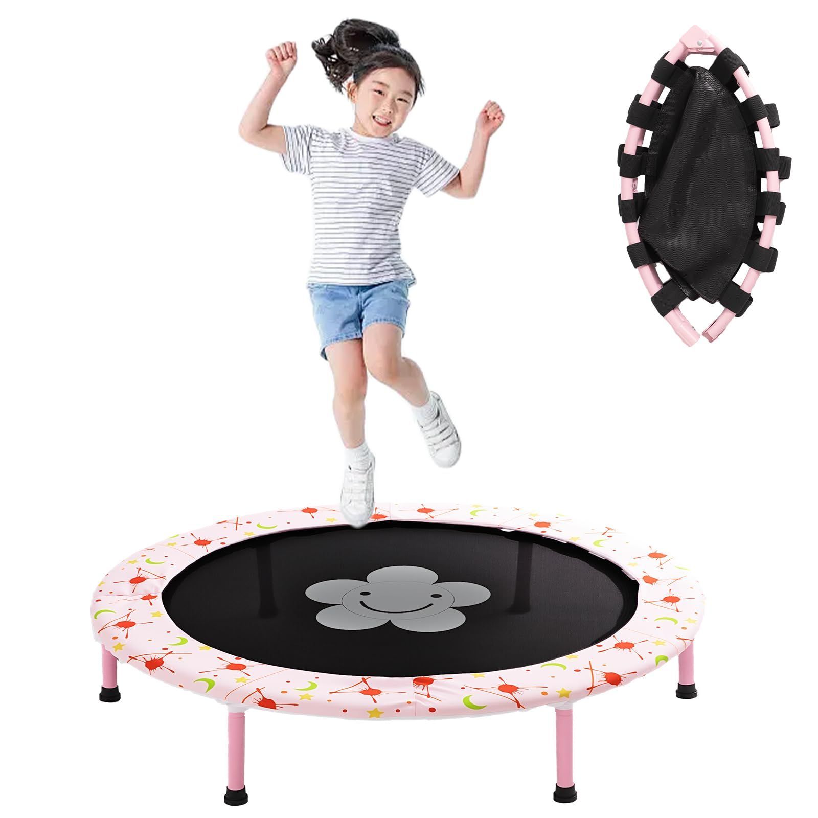 UNE トランポリン 室内 子供用トランポリン かわいい花柄 直径 95cm とらんほりん 折りたたみ式 耐久性 床保護 フィットネス用トランポリン 6脚管安定設計 耐荷重70kg 高弾力 トランポリン カバー トレーニング エクササイズ 遊び 家庭用