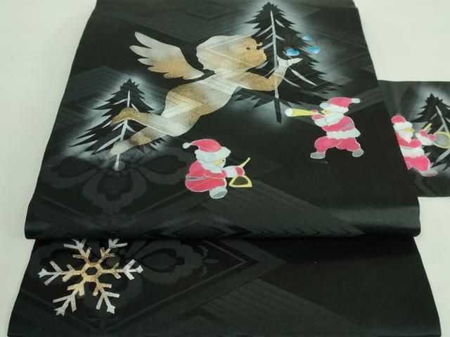 半幅帯☆クリスマス☆ハンドメイド☆綿 新品未仕立 塩瀬生地 染九寸名古屋帯 クリスマス柄③ 手縫仕立代