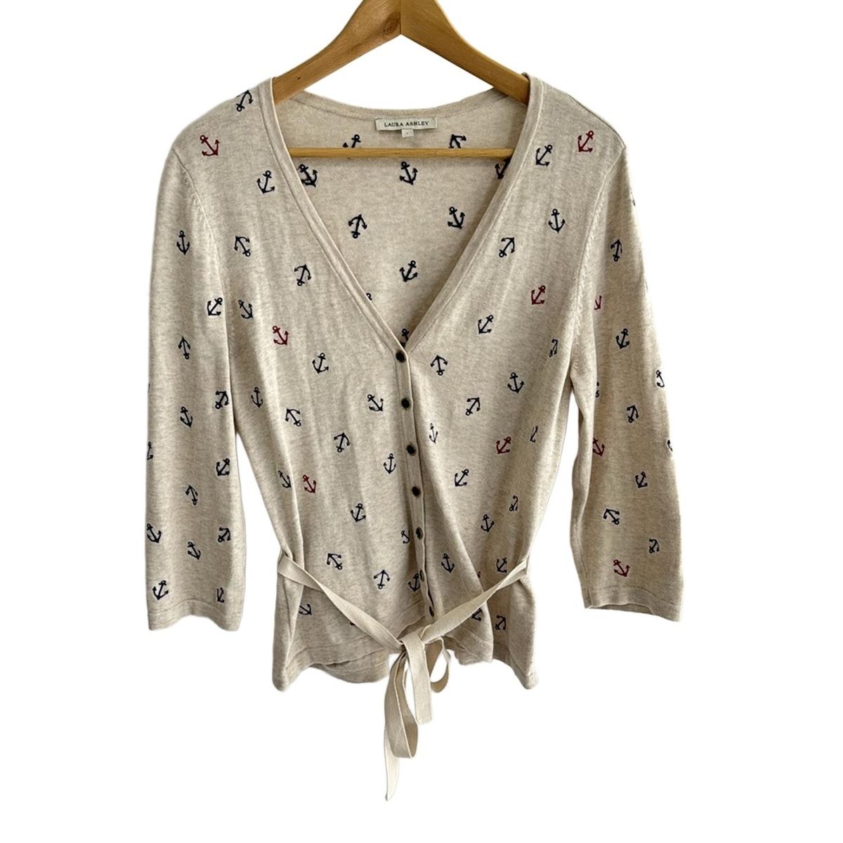LAURAASHLEY ローラアシュレイ カーディガン サイズL レディース - ライトブラウン×ネイビー×レッド 長袖