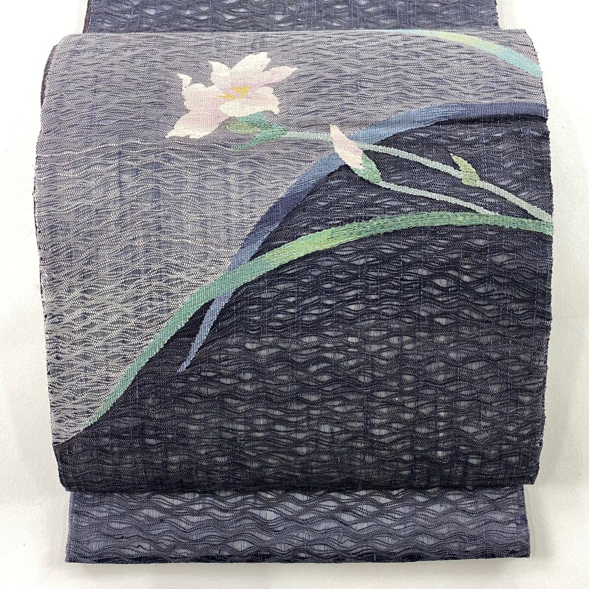 袋帯 秀品 やまと 草花 金糸 青灰色 お太鼓柄 正絹