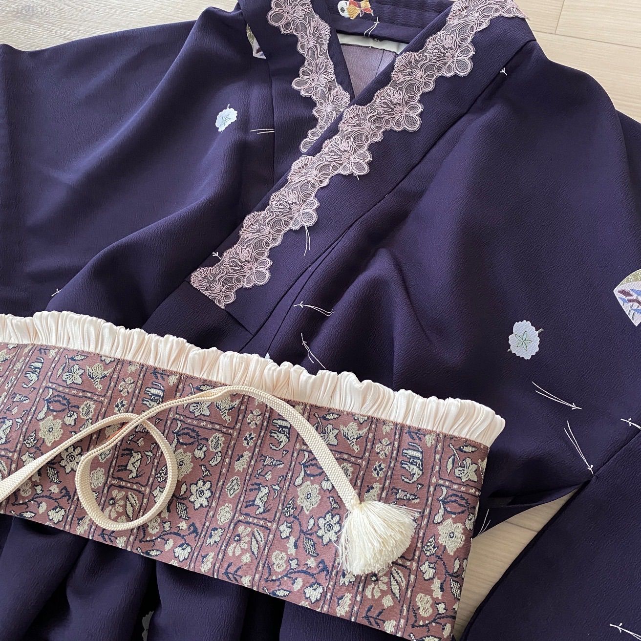 リメイク古着 着物リメイクワンピース 紫系 帯ベルト付き - メルカリ