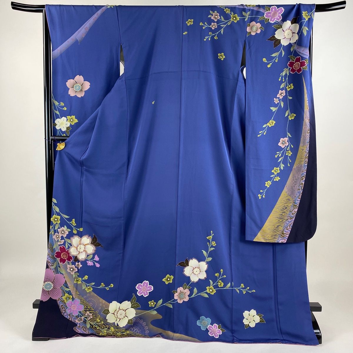 振袖 身丈174cm 裄丈70.5cm L 袷 桜 流水 金糸 金彩 青紫 正絹 名品 【 