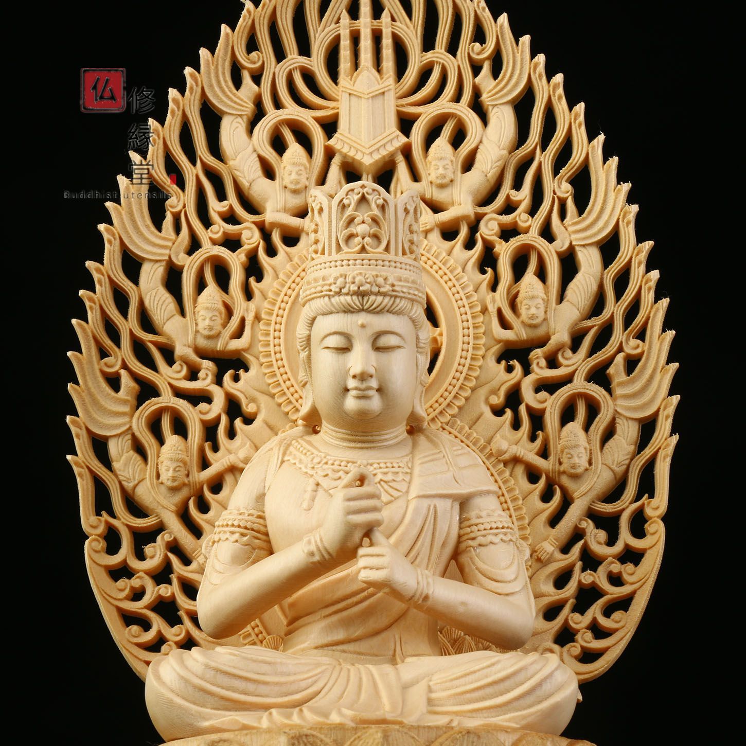 修縁堂】木彫り 仏像 大日如来座像 飛天光背 彫刻 一刀彫 天然木檜材 
