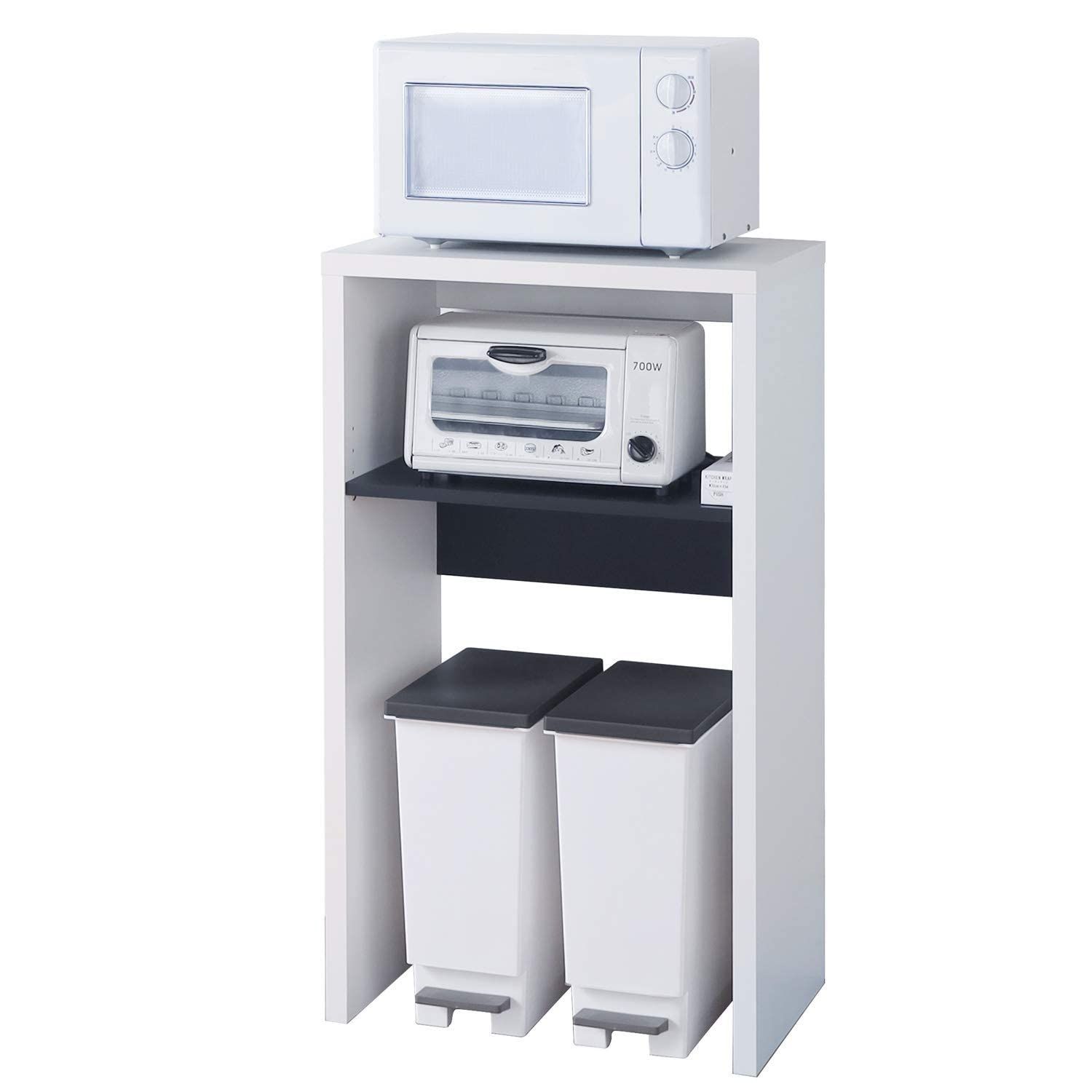 在庫 レンジ台 ゴミ箱収納 キッチン ラック 天板耐荷重20kgで安心設置 移動 な中棚 白井産業 家電用品すっきり収納 ホワイトとブラックのモダンなツートン 木目調 簡単組立 幅59.2×高さ104.8×奥行39.6cm VRD-1060WH NEXPOTALLINN_EU