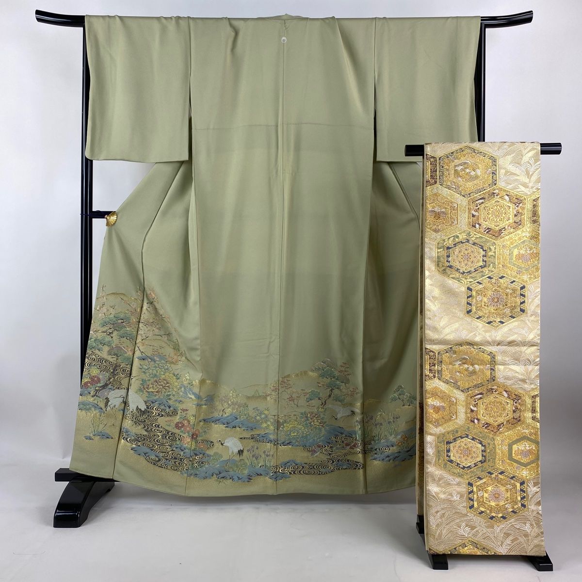 色留袖 身丈162cm 裄丈68cm L 袷 琳派祥鶴園 袋帯セット 灰緑 正絹 美  