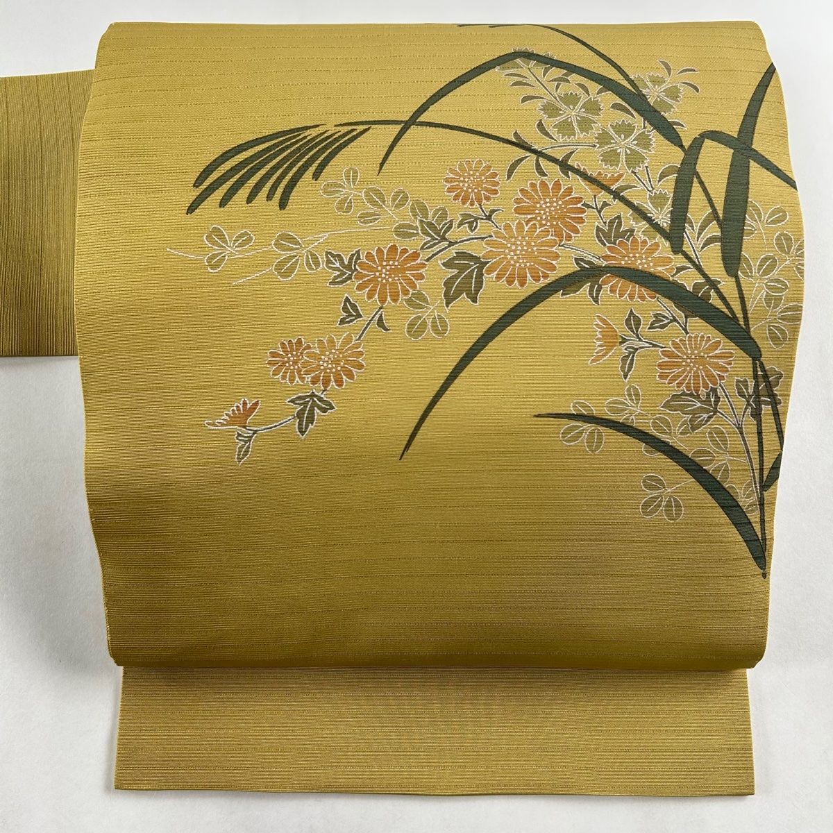 名古屋帯 秀品 夏帯 絽 秋草 金彩 黄土色 正絹