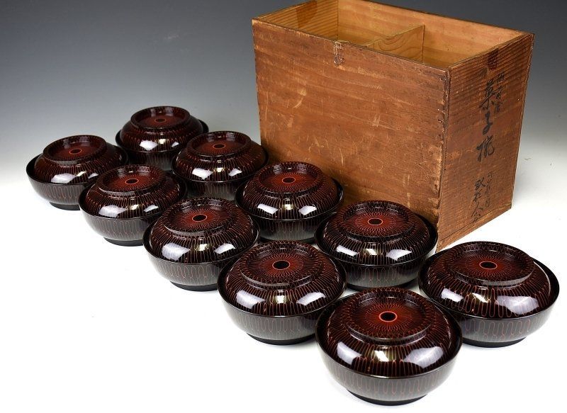 蔵C6710b 時代 堅地木製網手菓子椀 十組