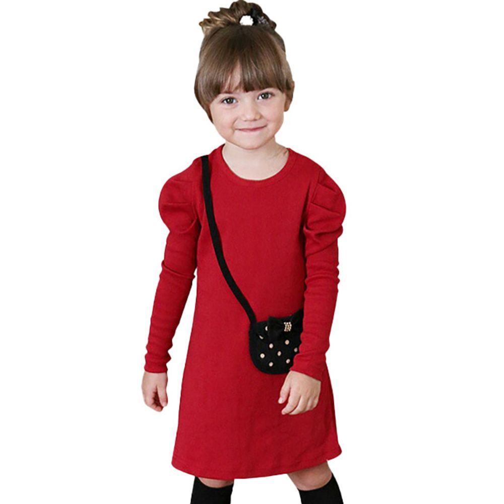 RED  140cm  シャネリアワンピース キッズ ワンピース 女の子 長袖 キッズワンピース 10006024 長袖ワンピース 冬 秋冬 パフスリーブ ポケット付き ポシェット付き レトロ モダン 大人っぽい おし