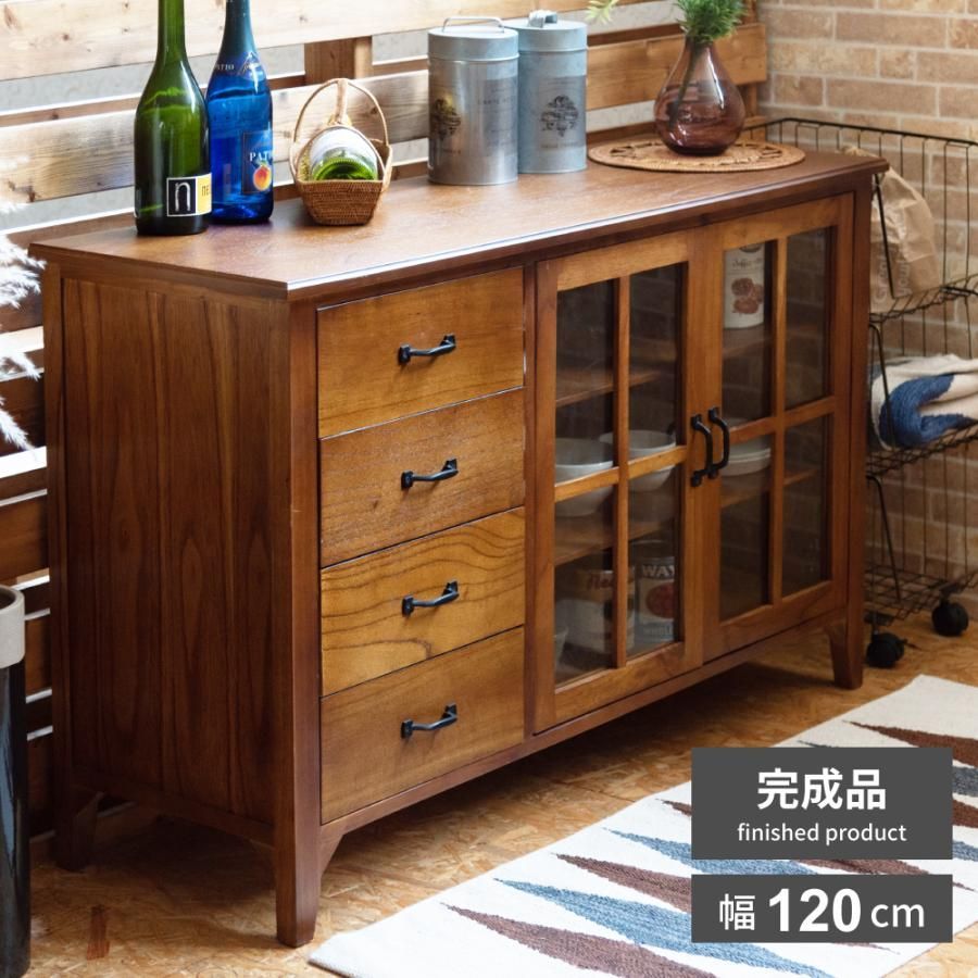 ハンドメイドで製造している為 小傷がある場合がございます 気になる方は恐れ入りますがご はお控えください キャビネット チェスト タンス 食器棚 幅120cm おしゃれ キッチン収納 ガラス 引き出し付 アンティーク 完成品 天然木 ヴィンテージ モダン
