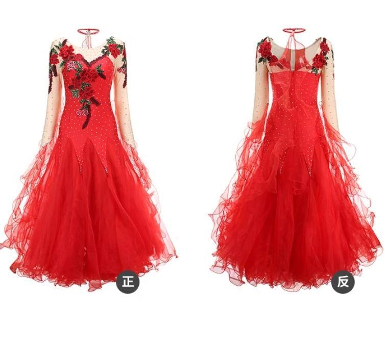 新品未使用社交ダンスドレス モダンダンス 薔薇刺繍 キラキラ レッド
