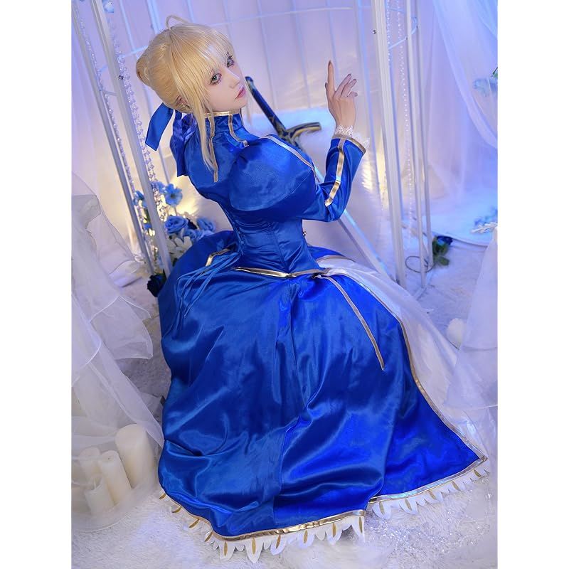 在庫 Miccostumes レディース 大人 アニメ ゲーム 騎士風 戦士風 かわいい キュート 萌え かっこいい コスチューム コスプレ コス 長袖 胸開き ドレス 上下セット 仮装 変身 変装 衣装 ブルー L BRIGHTFACE_UK