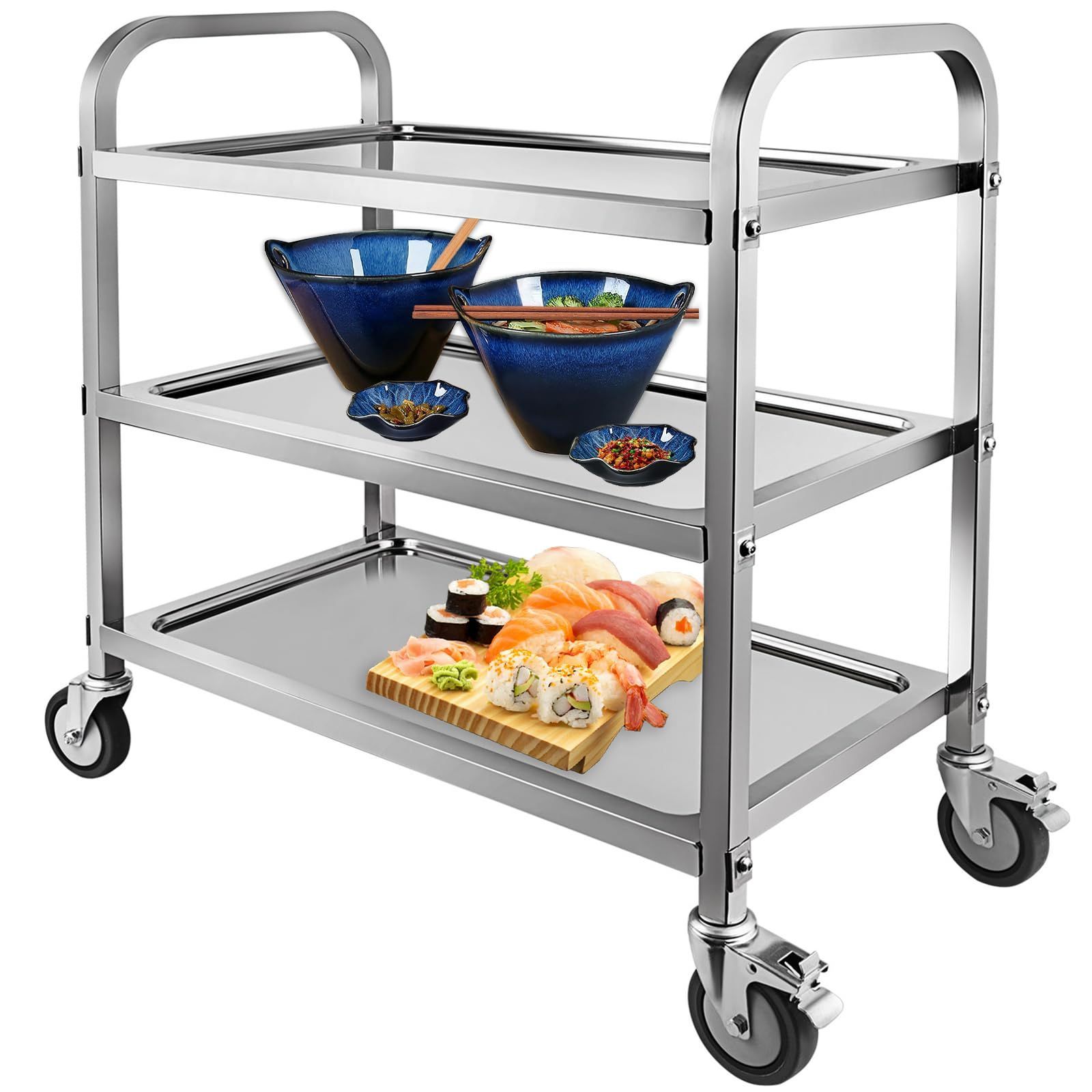 【数量限定】MINNEER移働に便利な3段ステンレス製キッチンカート95 L x 50 W x 95 H(cm)キッチン、レストラン、ホテル、病院、福祉施設に適しています，収納に便利なんです配膳車、サービスワゴ