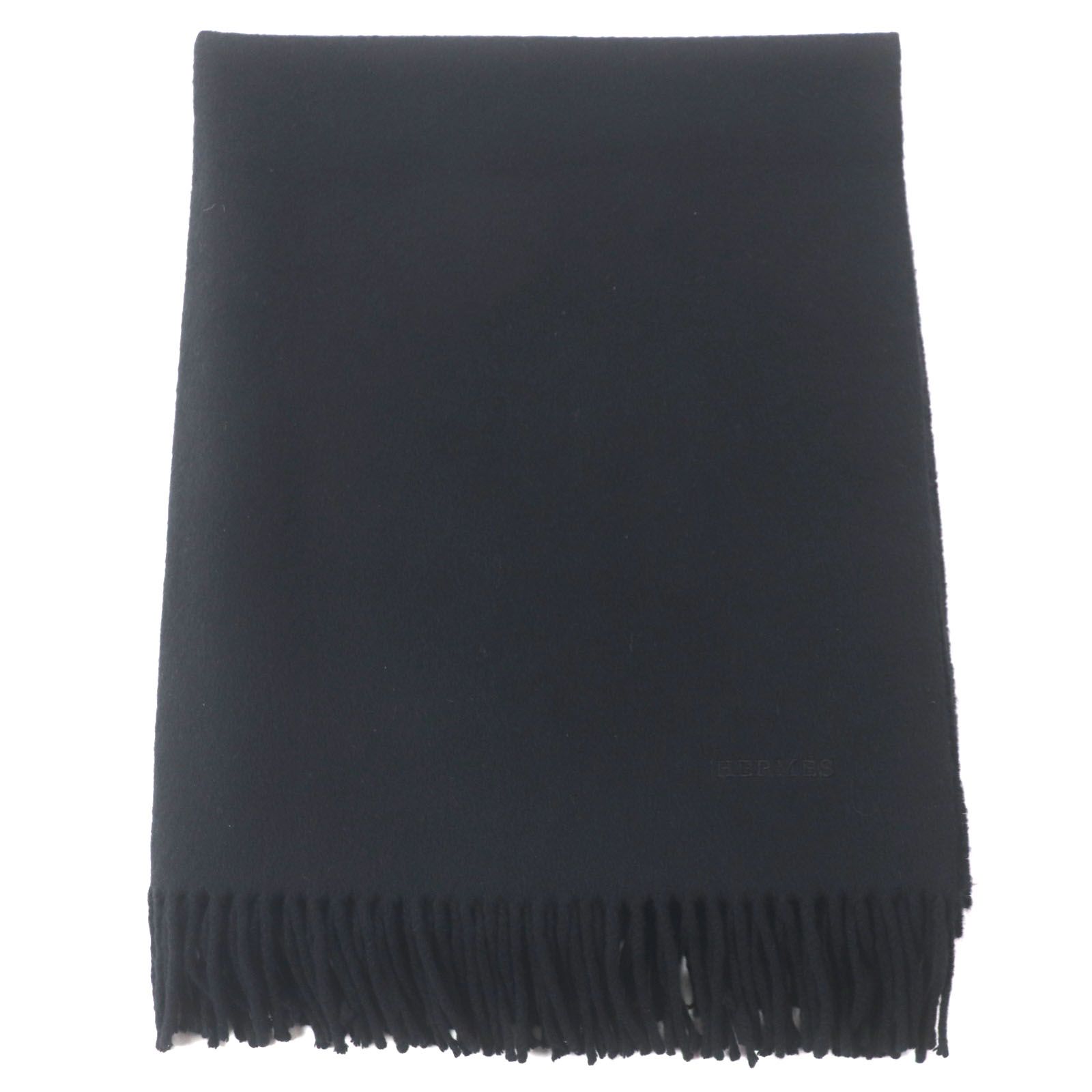 HERMES カシミヤマフラー ブラックフリンジ付き HERMES カシミヤマフラー ブラックフリンジ付き