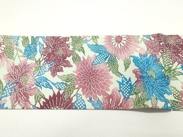 平和屋着物○塩瀬 全通柄九寸名古屋帯 型染め 枝菊文 正絹 逸品