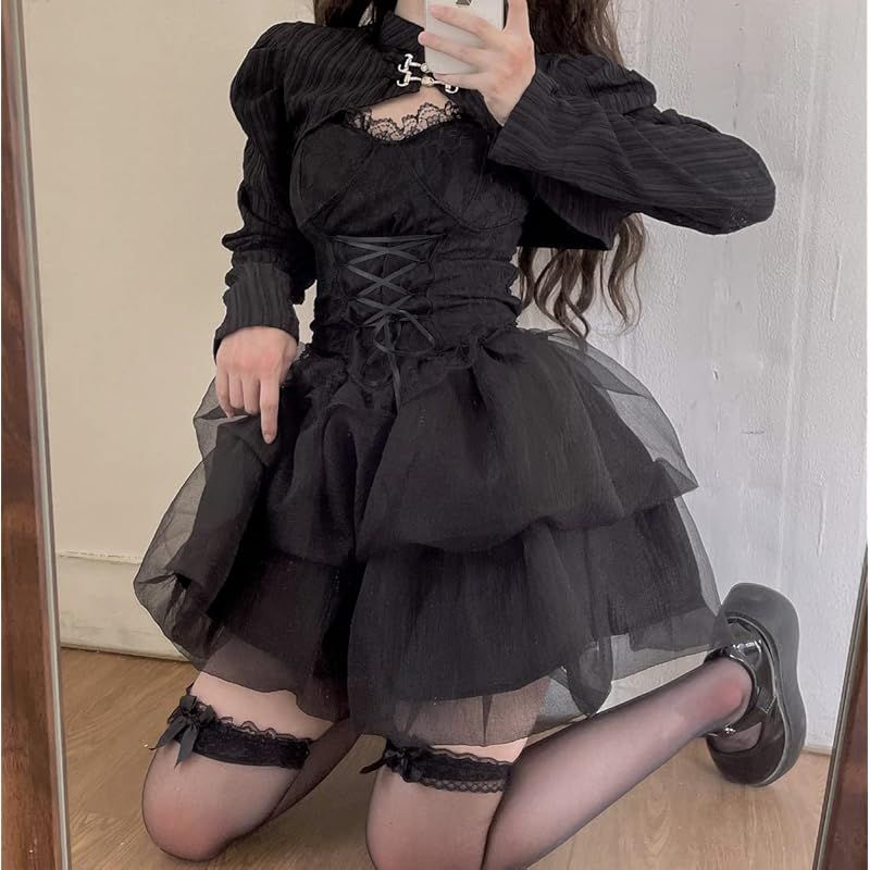 Lady Lazy レディレイジー ゴスロリ ドレス ビスチェ ボレロ スカート 地雷系 コスプレ ひざ上 黒 3点セット L 0