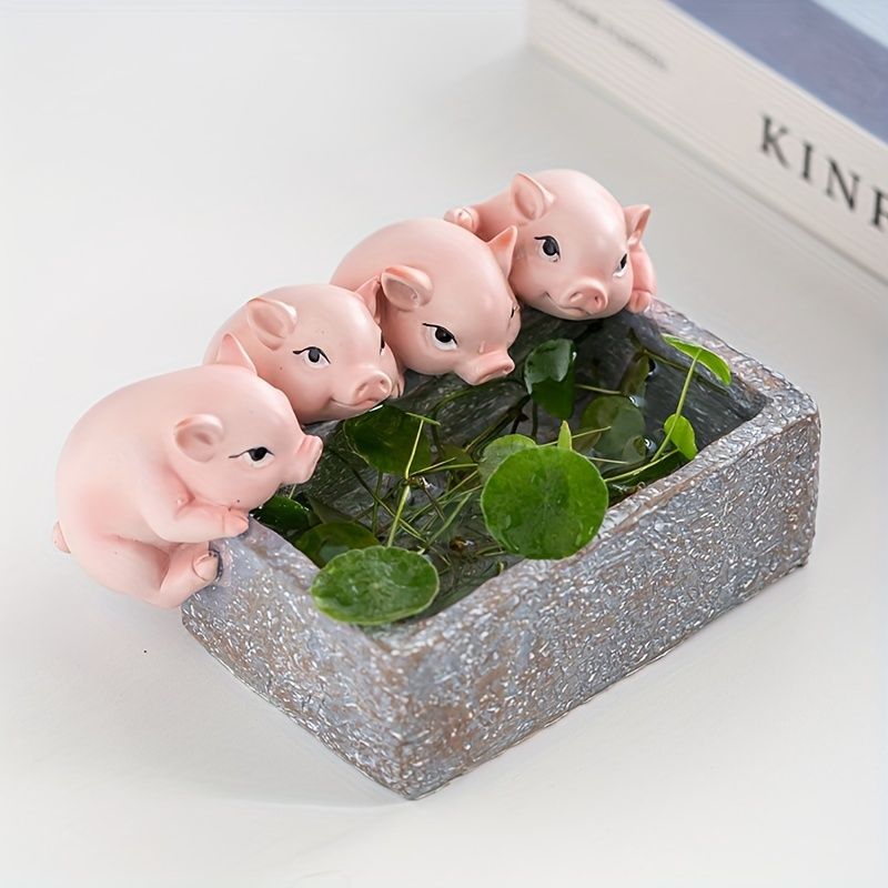 植木鉢 おしゃれ オフィス デスク ブタ 子豚 ピンク グレー 4匹 飾り 趣味 草花 屋外 樹脂 彫刻 多肉植物 庭 ガーデニング 装飾 屋内 家庭 フラワーポット 鉢植え
