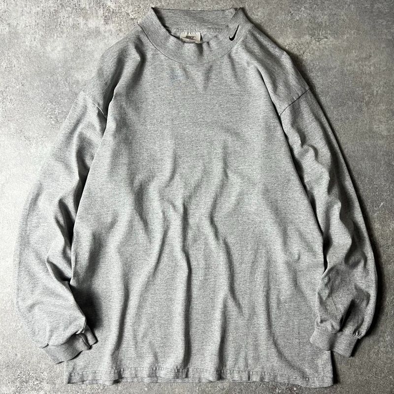 90s USA製 NIKE ワンポイント スウォッシュ 刺繍 モックネック 長袖 T 