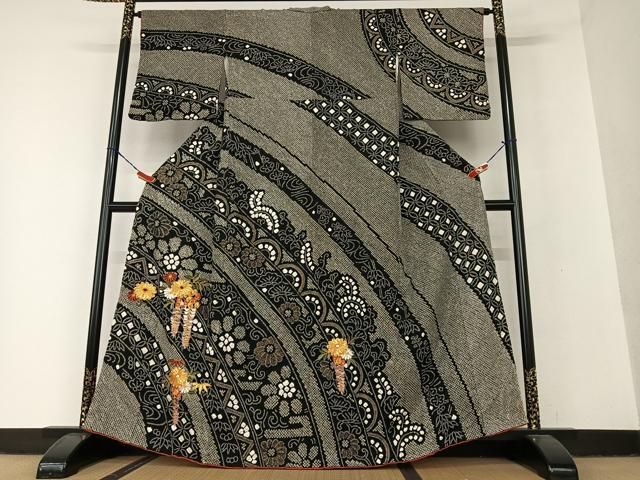 平和屋着物●訪問着 駒刺繍 絞り 花唐草間道 藤花房 黒地 金彩 正絹 AAAV7302zg