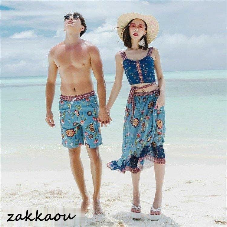 カップル 水着 ペアルック レディース 花柄 ビキニ 3点セット メンズ サーフパンツ スイムウエア ペア お揃え ペアビーチ ご夫婦 ミズギ 男女単品売り
