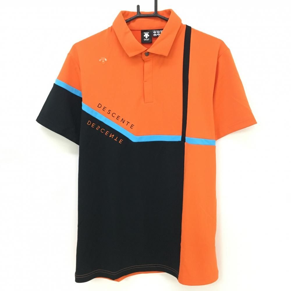 【超美品】デサントゴルフ 半袖ポロシャツ オレンジ×黒 ブロッキング ロゴ 中田英寿 メンズ XO(2XL) ゴルフウェア DESCENTE