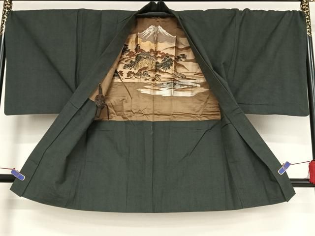 平和屋着物○男性 紬 アンサンブル 色無地 藍墨茶色 正絹 逸品