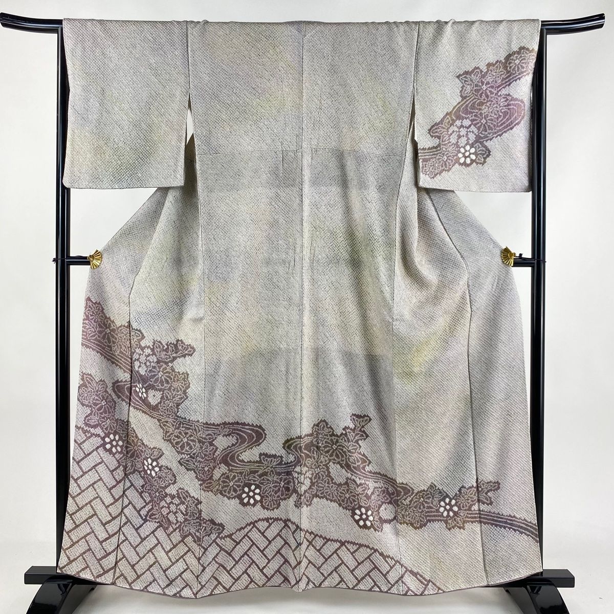 訪問着 身丈160cm 裄丈65cm M 袷 草花 流水 絞り 灰紫 正絹 秀品