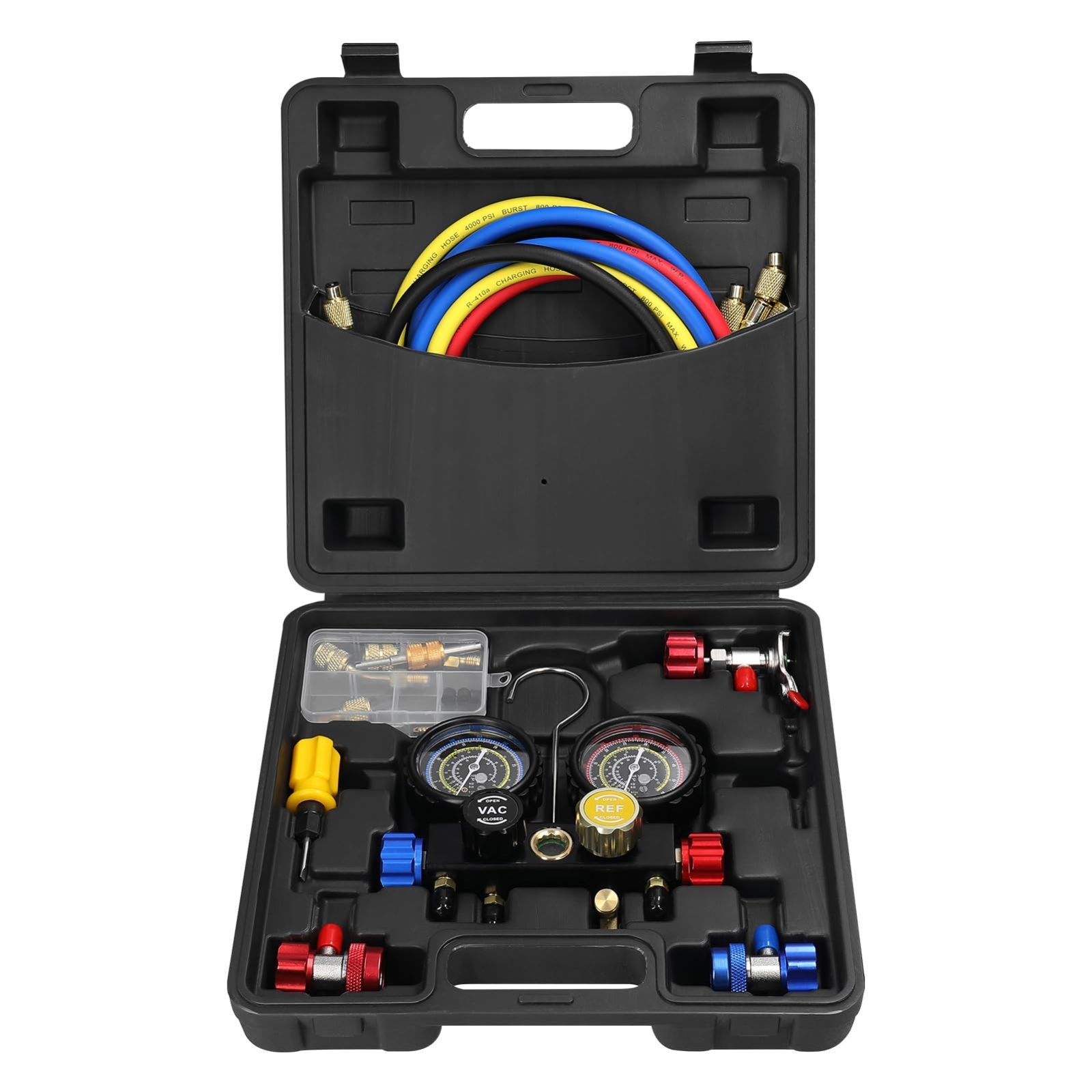 数量 5フィートホース付き 真鍮製クイックカプラーアダプター 4ウェイデュアル値圧力計 空調冷媒充電ツール R22 R134a R410a冷媒用 マニホールドゲージセット KKnoon