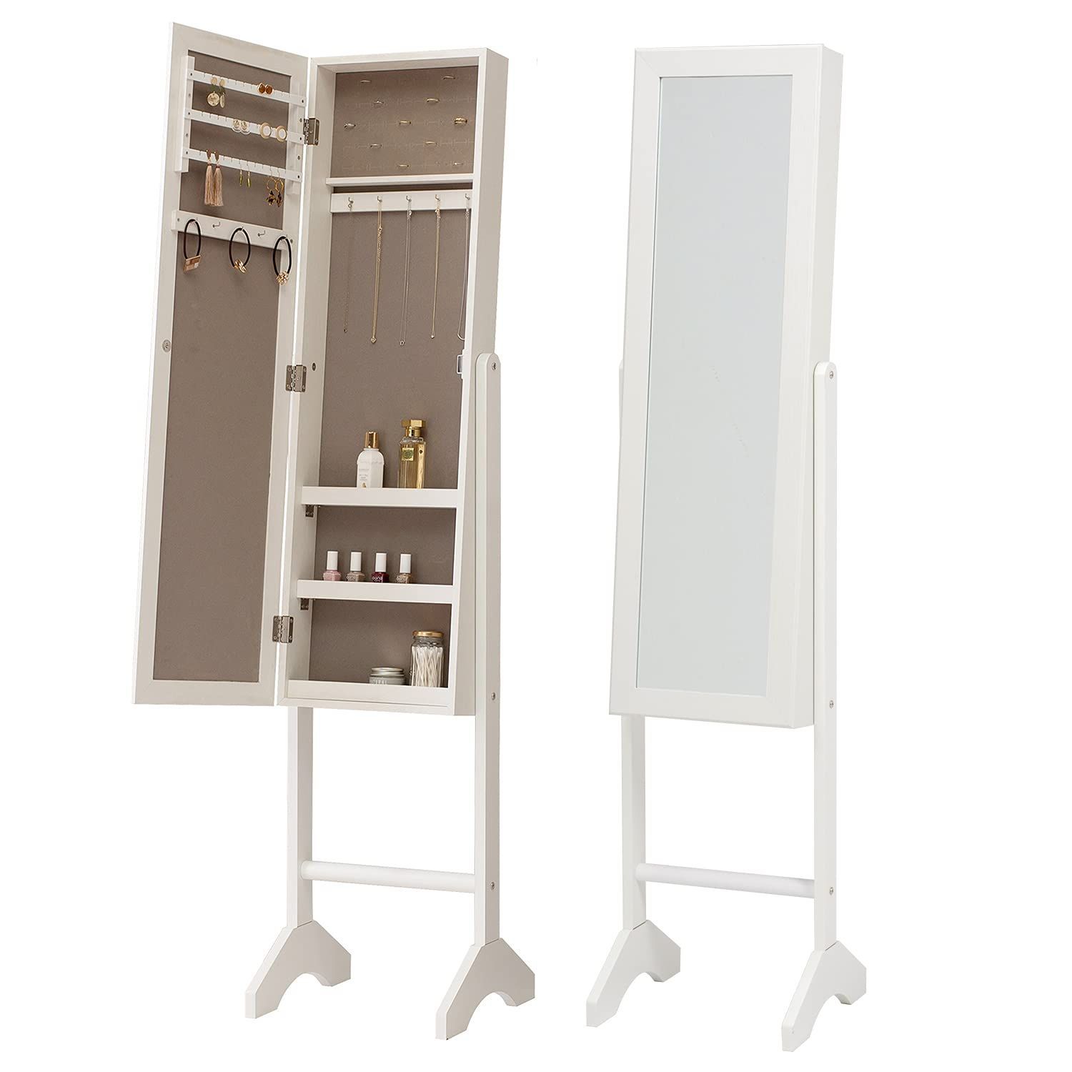 萩原 ドレッサー ミラー 姿見 収納付き アクセサリー 隙間 シンプル 木目調 収納 高さ153cm ホワイトウォッシュ MD-6562WH