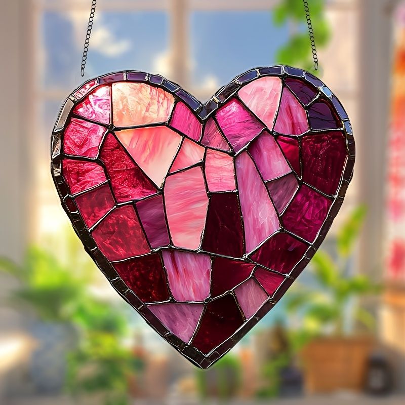 ステンドグラス製　ハートローズのサンキャッチャーパネル サンキャッチャー プラスチック製 ステンドグラス風 愛 ハート ラブ 窓