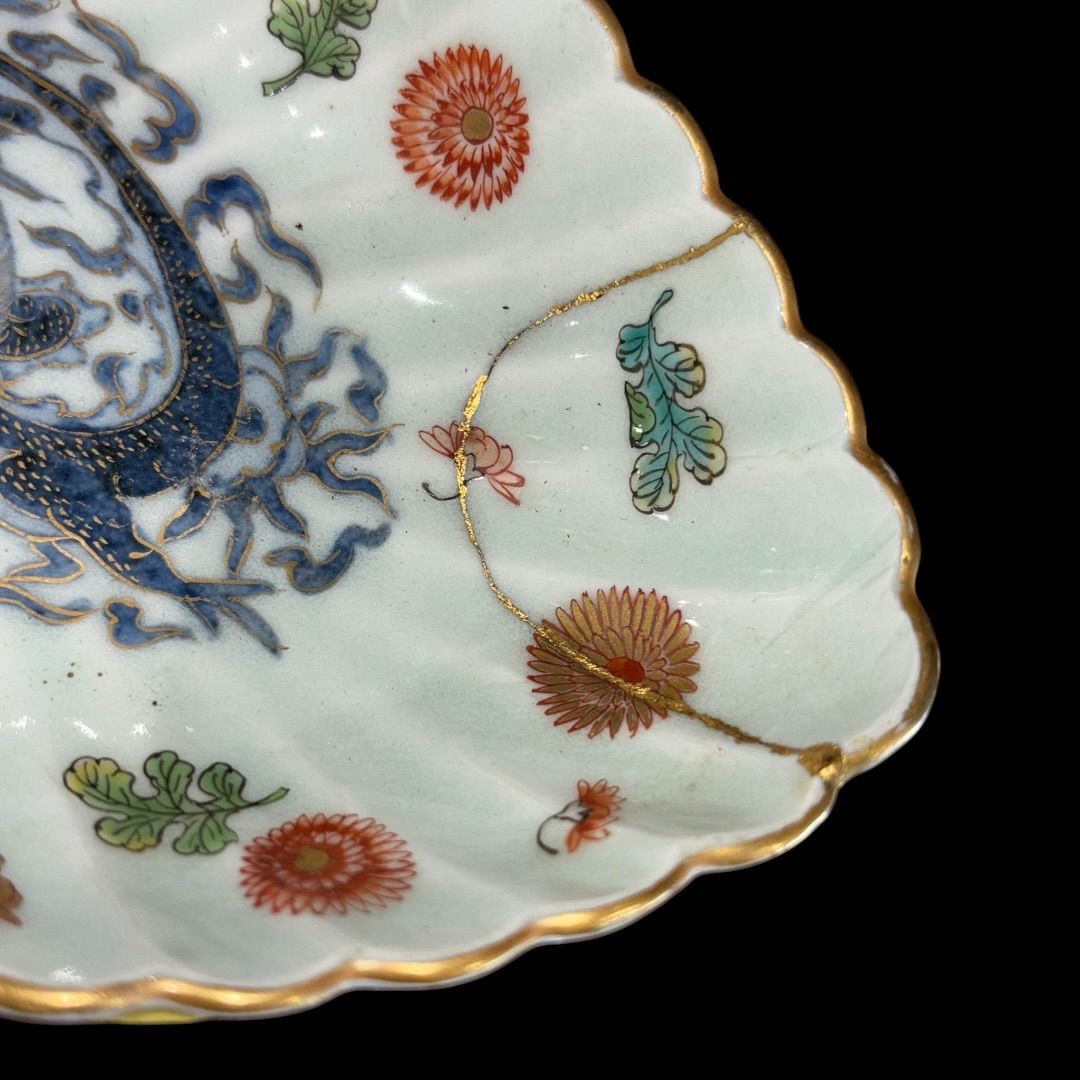 2客セット 金継ぎ 大明成化年製 舟型皿 龍柄 中国 美術品 工芸品