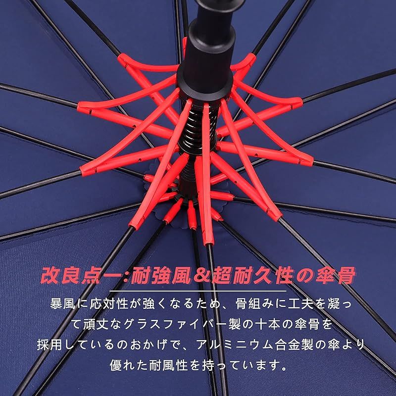 暴雨強風対策 Vialifer長傘 210T高強度グラスファイバー?10本骨 大判 130cm Teflon加工超撥水耐風 丈夫 大型 紳士傘 自動開けステッキ傘 レディースメンズ晴雨兼用傘 大きな傘 付き ネイビー ネイビー 0