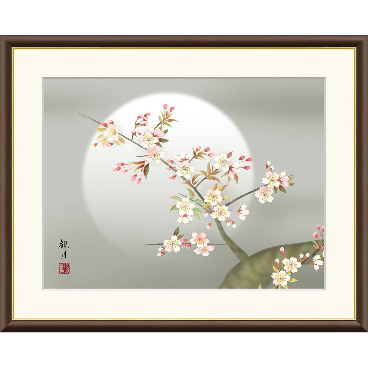 芳山 作】額装 絵画 梅の花 紅白梅図 木目調 浮き彫り風 美術品 芳山