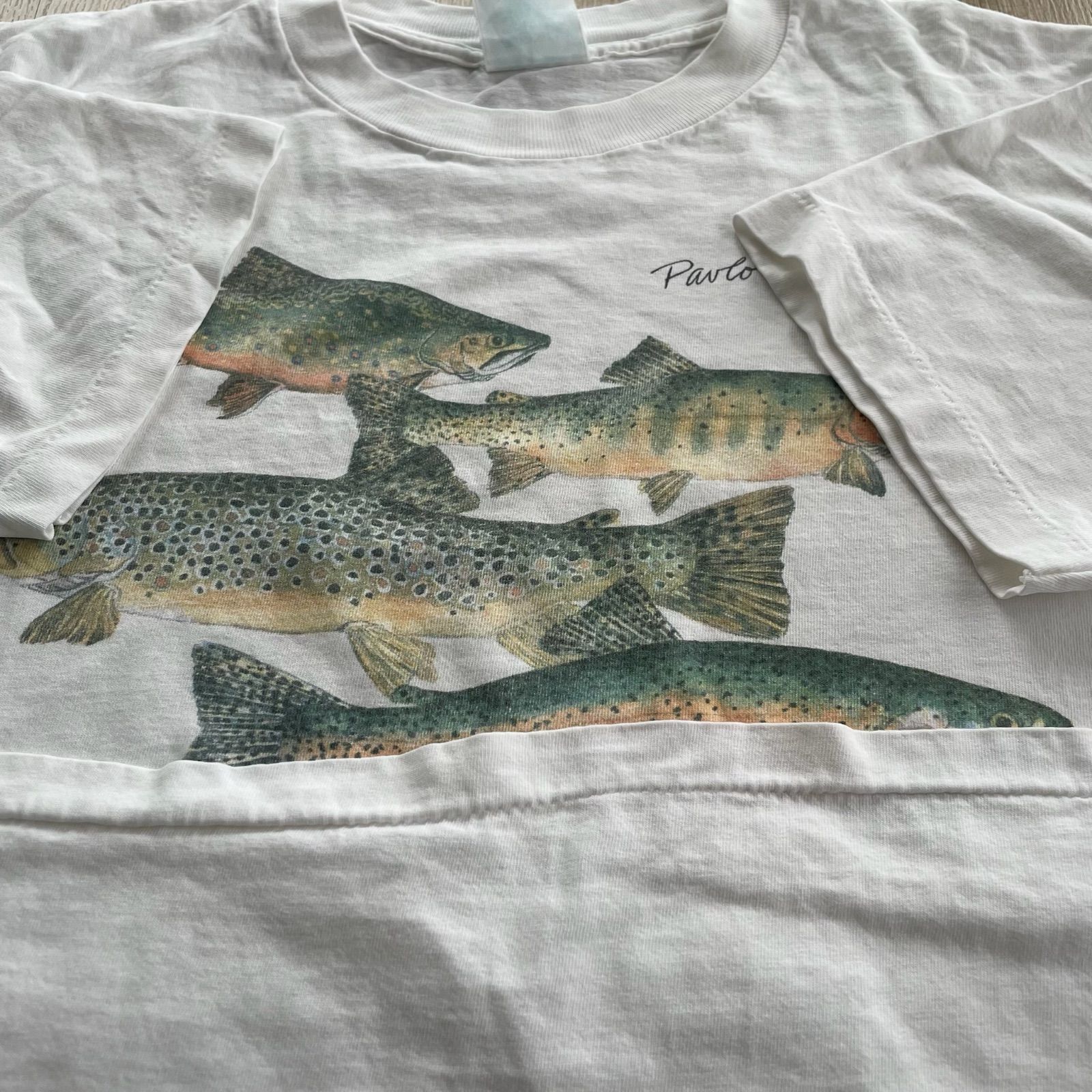 90s レインボートラウト フィッシング サーモンアートTシャツ 
