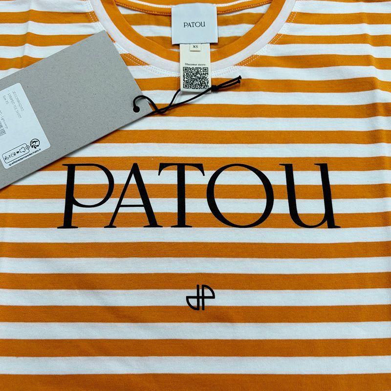 ☆2024春夏入荷☆ PATOU パトゥ JE0329999 オーガニックコットン ボーダー PATOU ロゴ入り Tシャツ カットソー ライトオレンジ×ホワイト