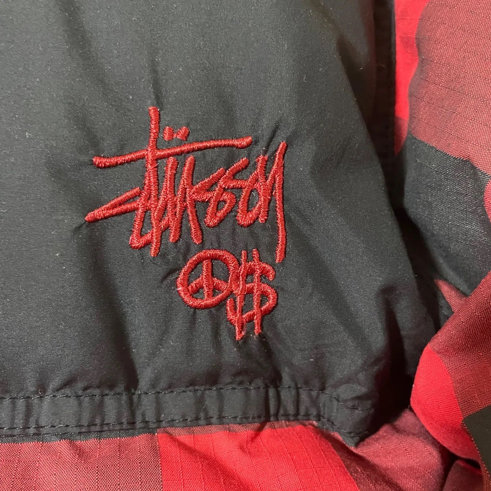 STUSSY 00s OLD ブロックチェック ダウンジャケット 両面刺繍ロゴ