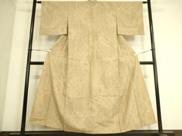 平和屋着物▽結城紬　単衣　切嵌麻の葉文　80亀甲　正絹　逸品　DAAS0438az 平和屋着物▽結城紬 単衣 切嵌麻の葉文 80亀甲 正絹 逸品 DAAS0438az