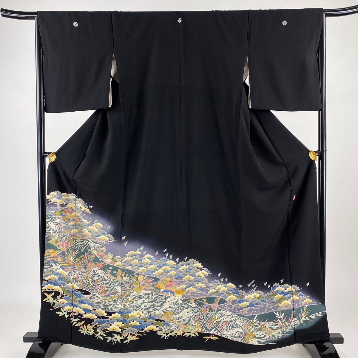 黒留袖 身丈163cm 裄丈66cm M 袷 落款 笠松 波 染め分け 黒 正絹 秀品